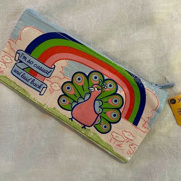 Blue Q Recycled Plastic Zipper Pencil Pouch 9” X 4” Casual Laid Back Peacock - Picture 1 of 7